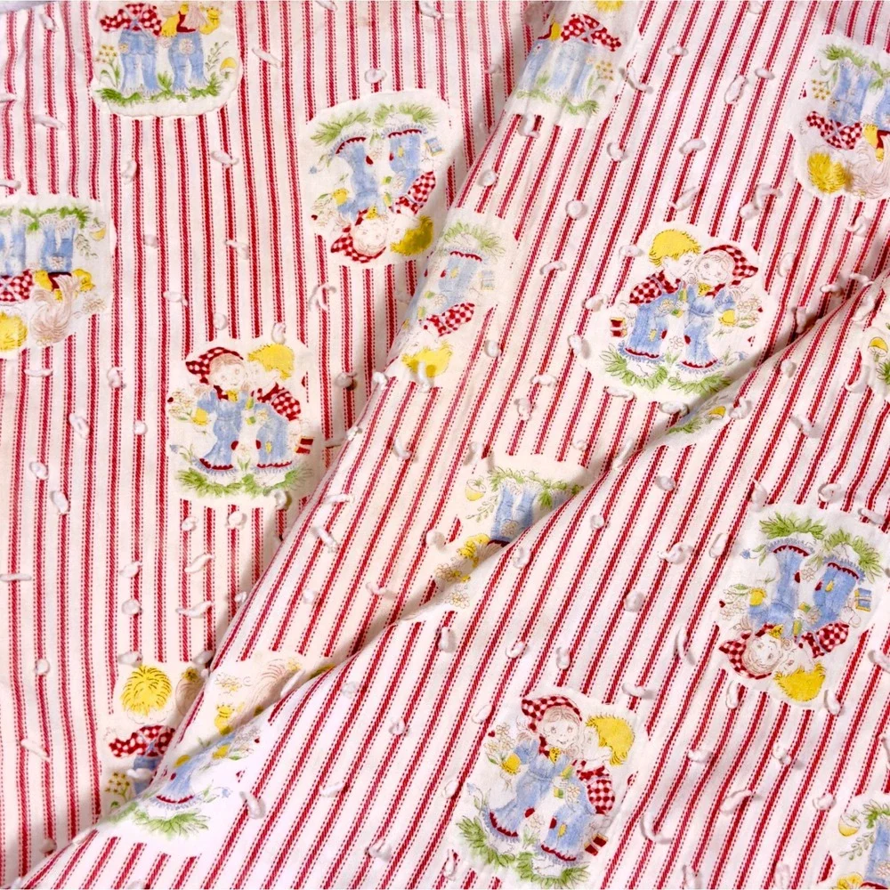 Vintage 1980s Storybook Baby Blanket Red Ticking Stripe Plush Cottage Nursery